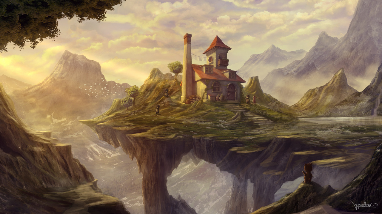 Braunes Haus Auf Bergmalerei. Wallpaper in 1280x720 Resolution