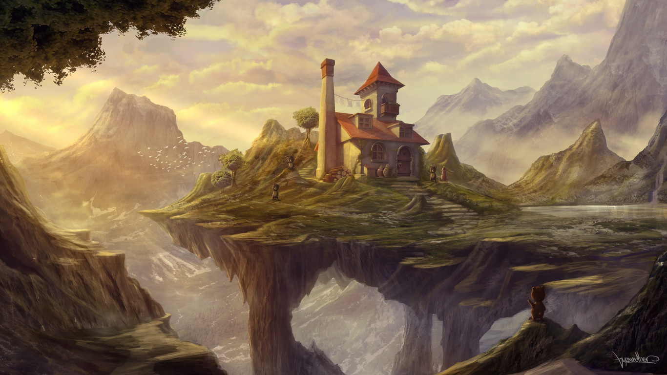 Brown House on Top of Mountain Painting. Wallpaper in 1366x768 Resolution