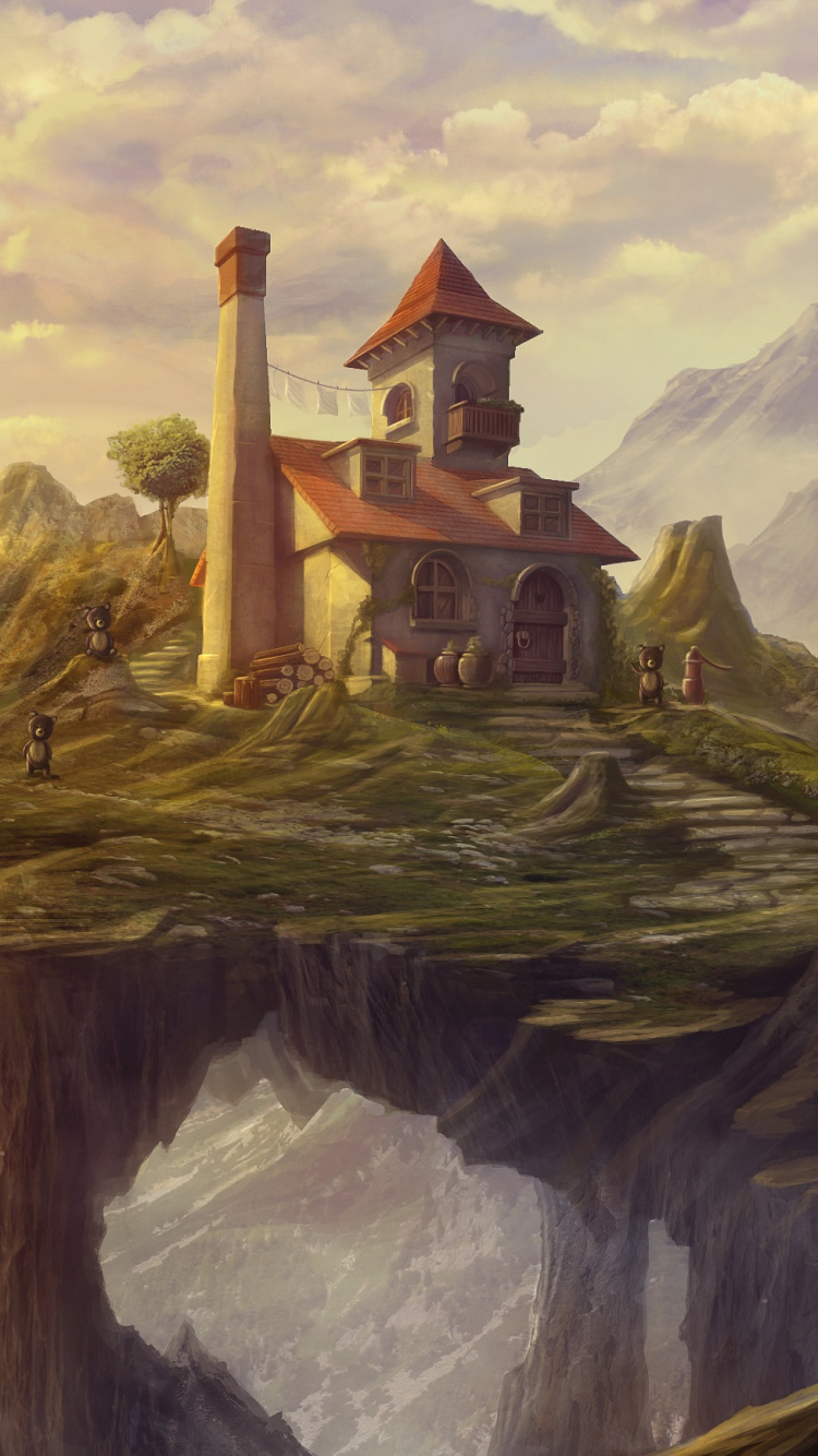 Brown House on Top of Mountain Painting. Wallpaper in 750x1334 Resolution