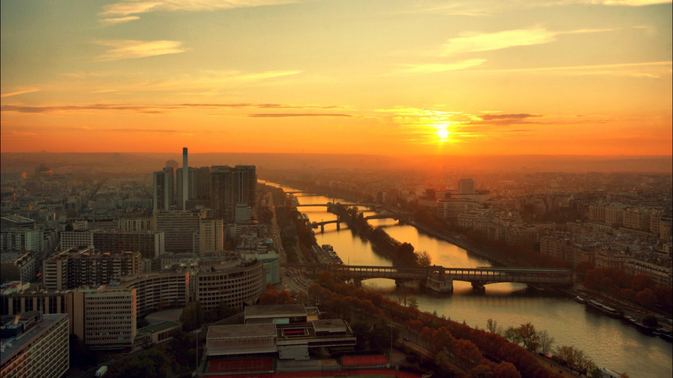 巴黎, 早上, 城市景观, 地平线, 日落 壁纸 1366x768 允许