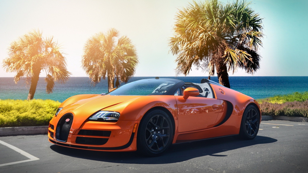 Orange Ferrari 458 Italia Parked on Gray Concrete Pavement Near Palm Trees During Daytime. Wallpaper in 1280x720 Resolution