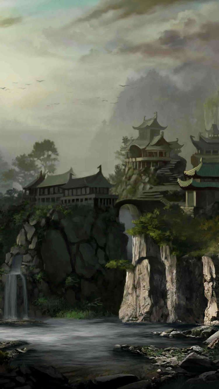 Wasserfälle in Der Nähe Von Grauem Betongebäude Unter Weißem Himmel Tagsüber. Wallpaper in 750x1334 Resolution