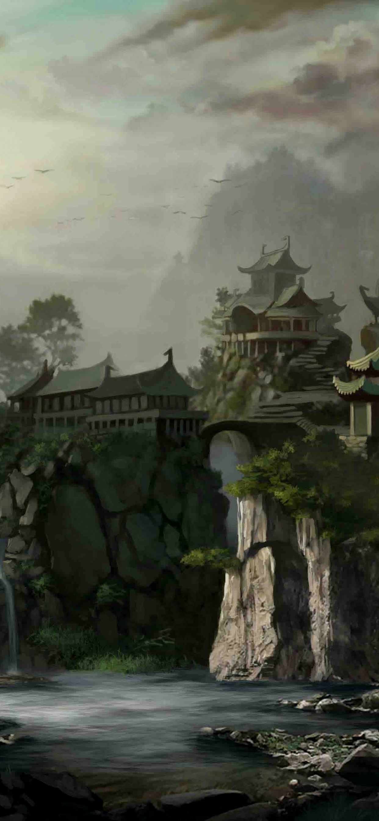 Waterfalls Near Gray Concrete Building Under White Sky During Daytime. Wallpaper in 1242x2688 Resolution