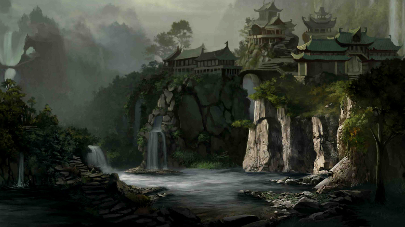 Cascadas Cerca Del Edificio de Hormigón Gris Bajo un Cielo Blanco Durante el Día. Wallpaper in 1366x768 Resolution