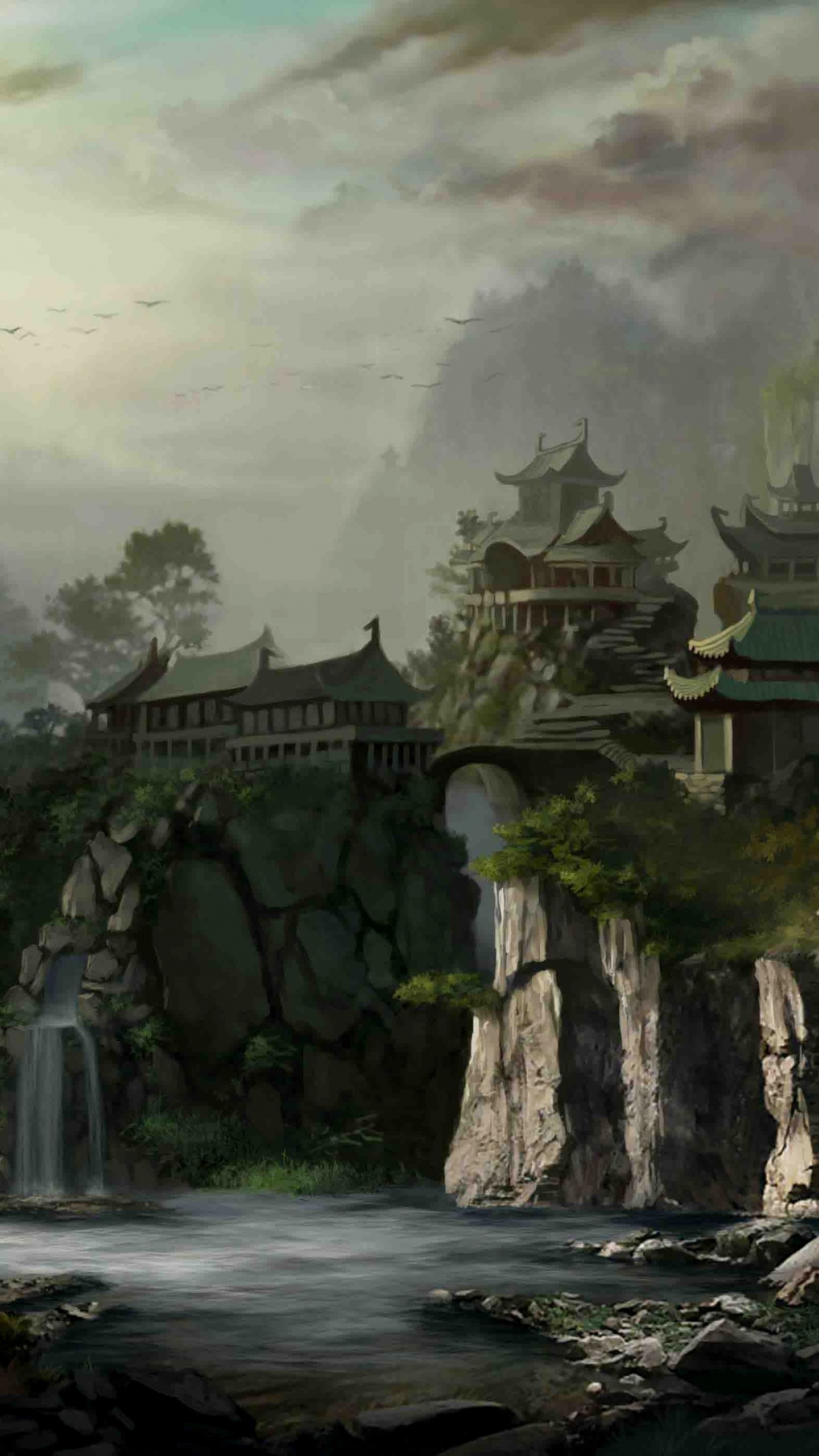 Cascadas Cerca Del Edificio de Hormigón Gris Bajo un Cielo Blanco Durante el Día. Wallpaper in 1440x2560 Resolution