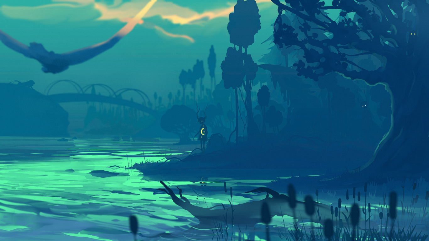 Silueta, De, Gente, Ambulante, En, Playa, Durante, Ocaso. Wallpaper in 1366x768 Resolution