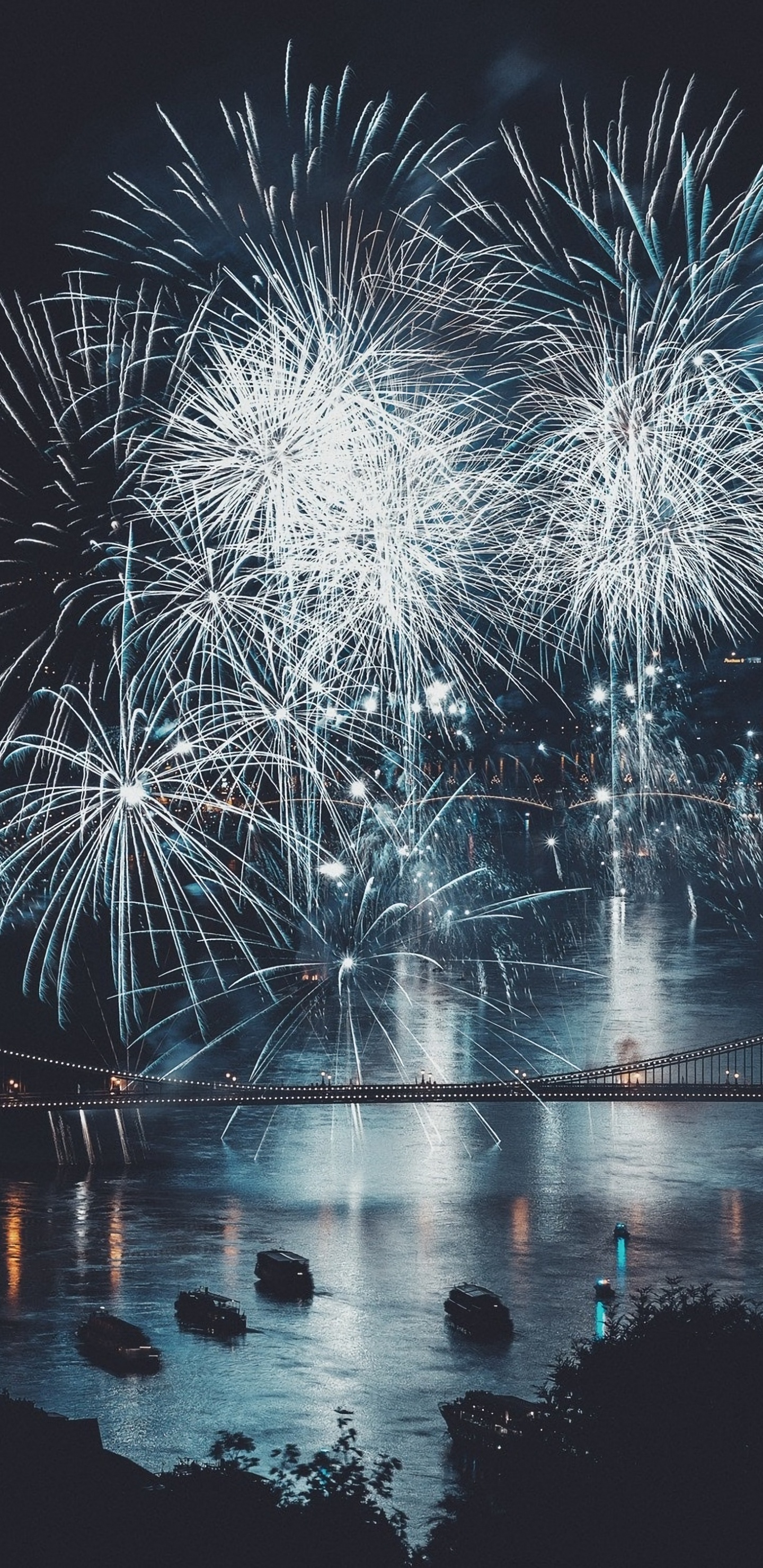 Silvester, Neujahr, Neue Jahre Tag, Feuerwerk, Reflexion. Wallpaper in 1440x2960 Resolution