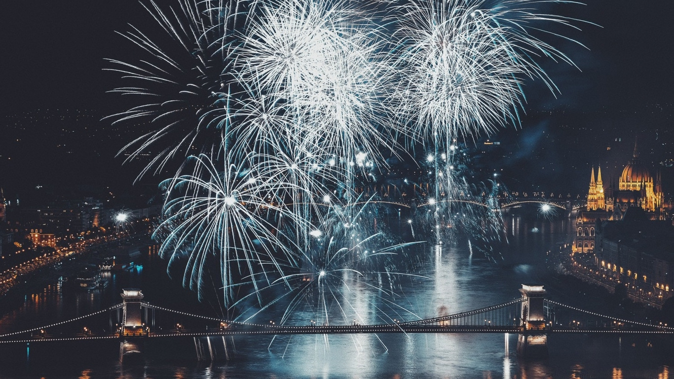 New Years Eve, New Year, New Years Day, Fireworks, Reflection. Wallpaper in 1366x768 Resolution