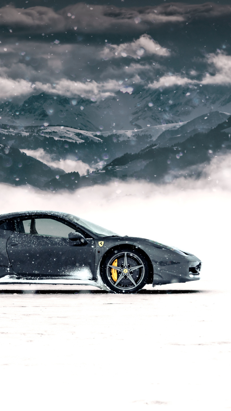 Coupé Noir Sur Sol Couvert de Neige. Wallpaper in 750x1334 Resolution