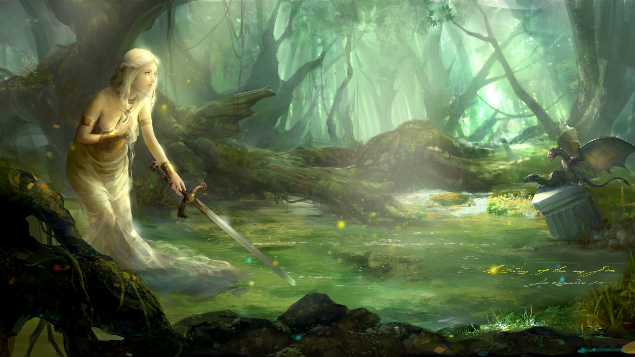 Woman in White Dress Holding Stick in Front of Green Trees. Wallpaper in 1280x720 Resolution