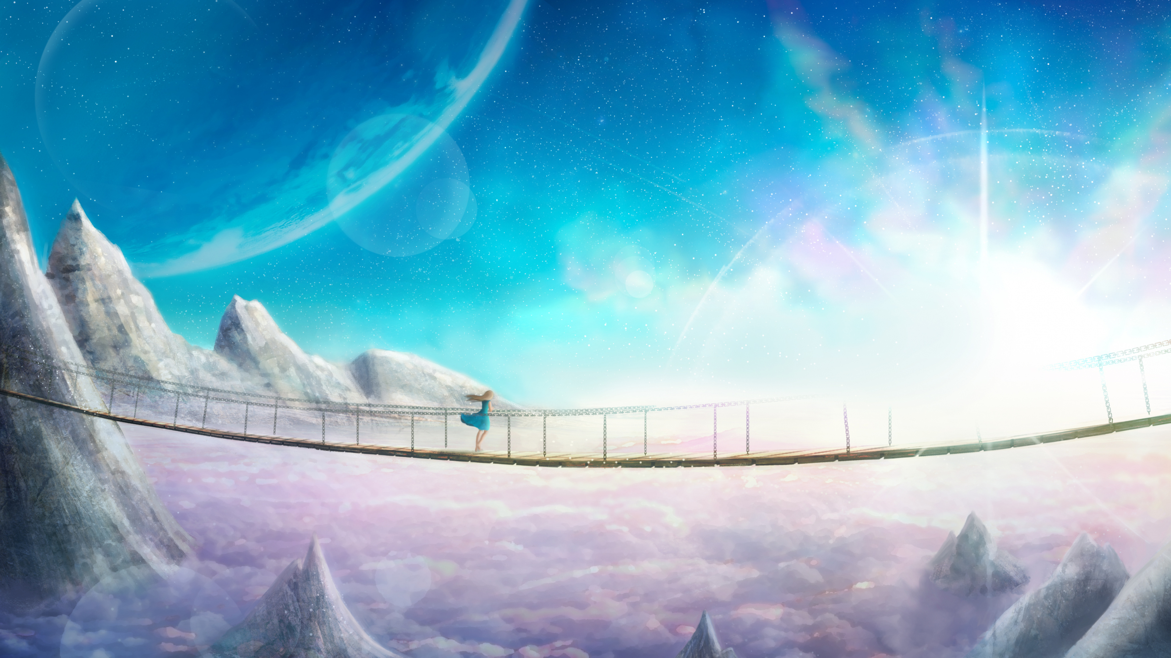 Man in Black Jacket Standing on Bridge Under Blue Sky. Wallpaper in 3840x2160 Resolution