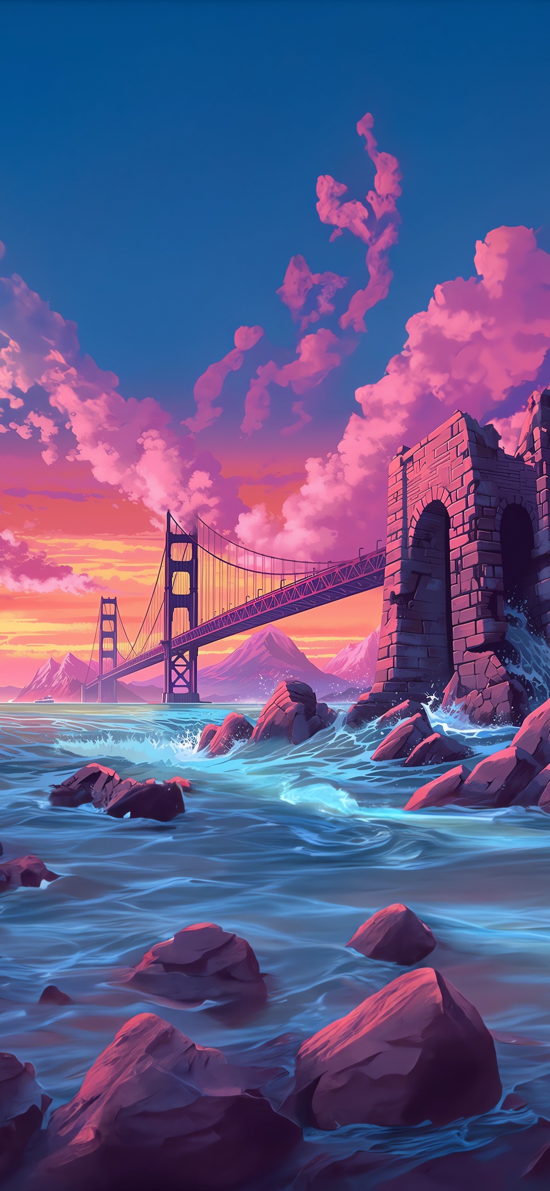 Golden Gate Bridge, Art, Painting, Cloud, Water. Wallpaper in 1125x2436 Resolution