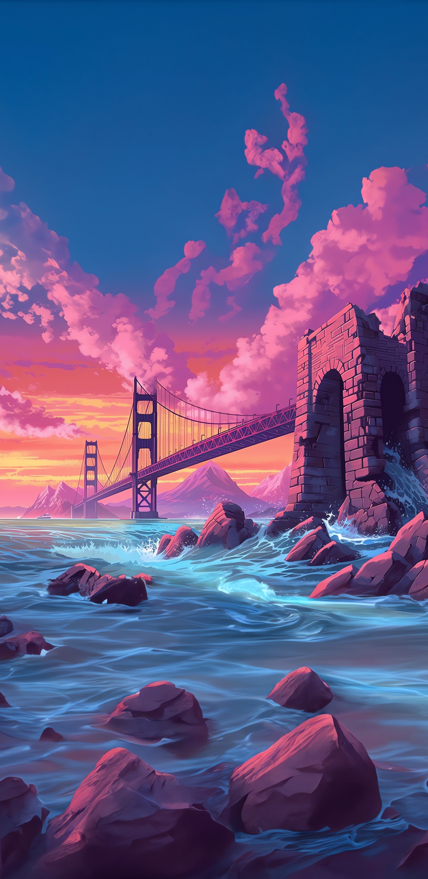 Golden Gate Bridge, Art, Painting, Cloud, Water. Wallpaper in 1440x2960 Resolution