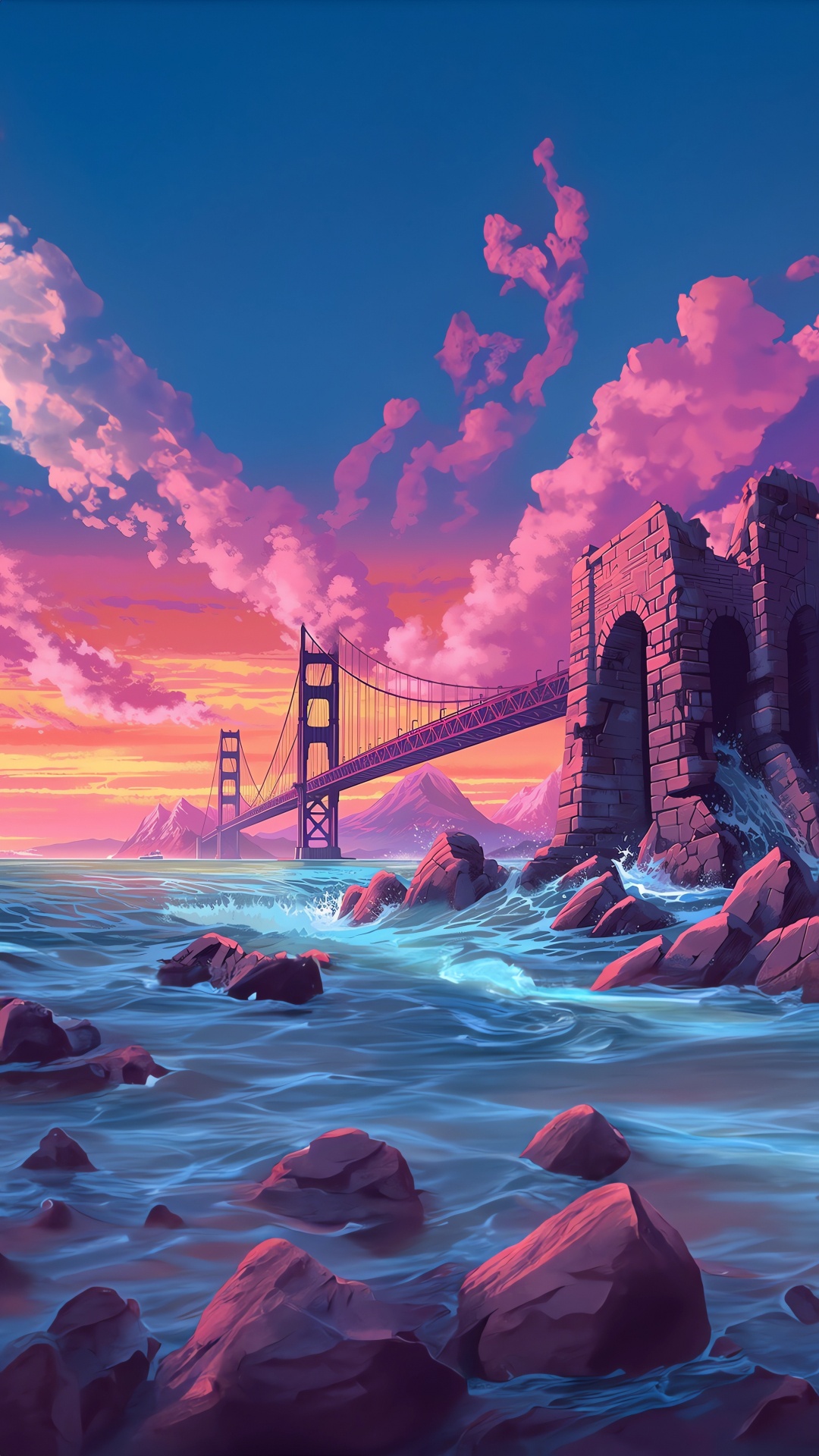 Golden Gate Bridge, Kunst, Malerei, Cloud, Wasser. Wallpaper in 1080x1920 Resolution