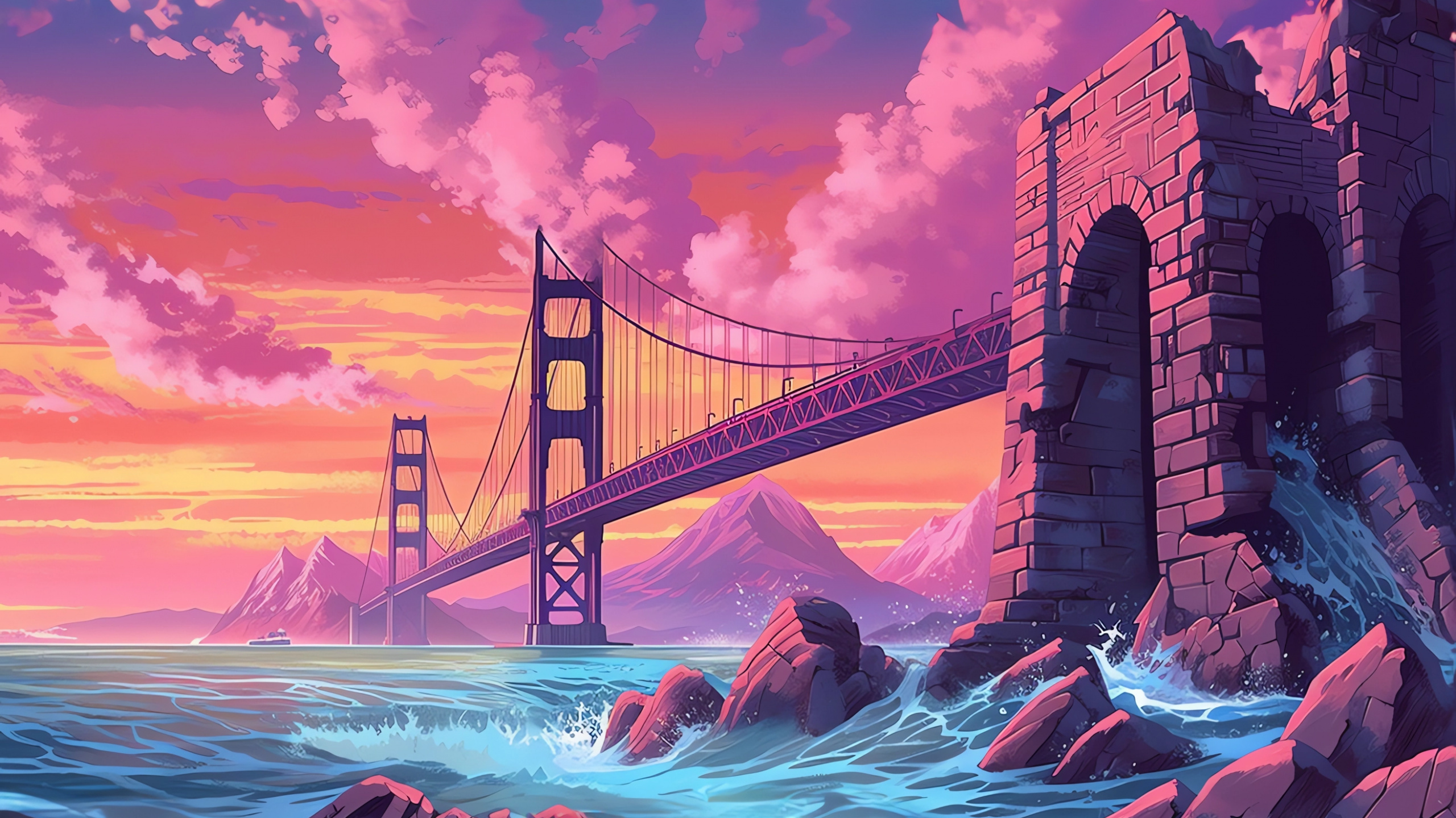 Puente Golden Gate, Arte, Agua, Ambiente, Afterglow. Wallpaper in 2560x1440 Resolution
