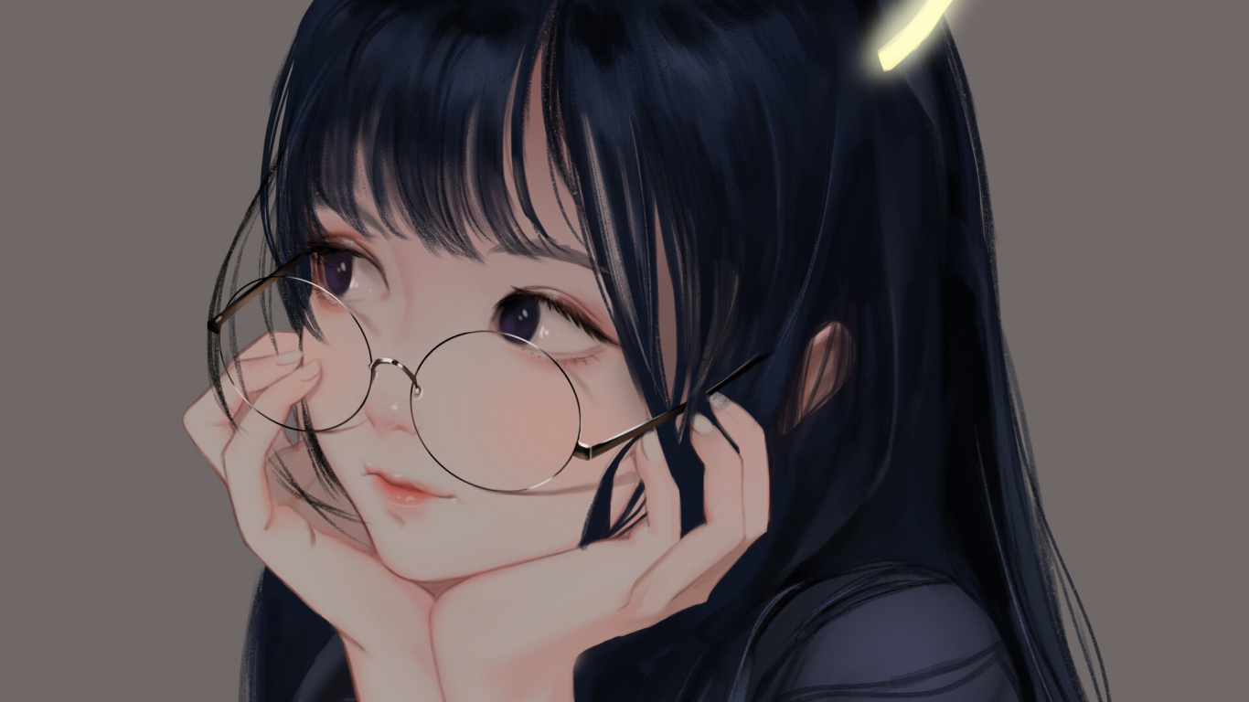 Süßes Anime-Mädchen Mit Brille, Anime, Haar, Nase, Wange. Wallpaper in 1366x768 Resolution