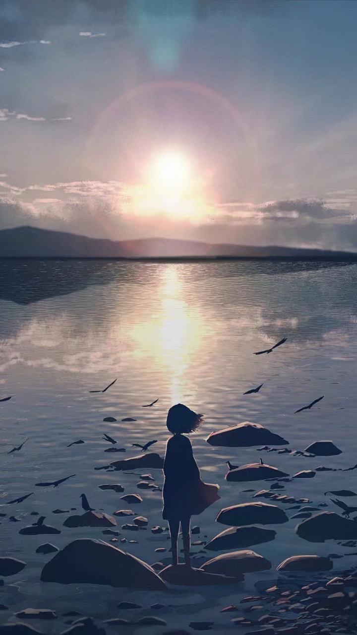 Allein Anime, Anime, Digitale Kunst, Wasser, Cloud. Wallpaper in 720x1280 Resolution