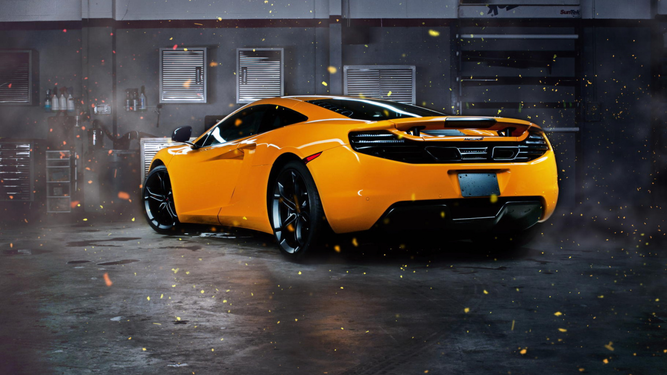 Orange Lamborghini Aventador Parked on Black Pavement. Wallpaper in 1366x768 Resolution