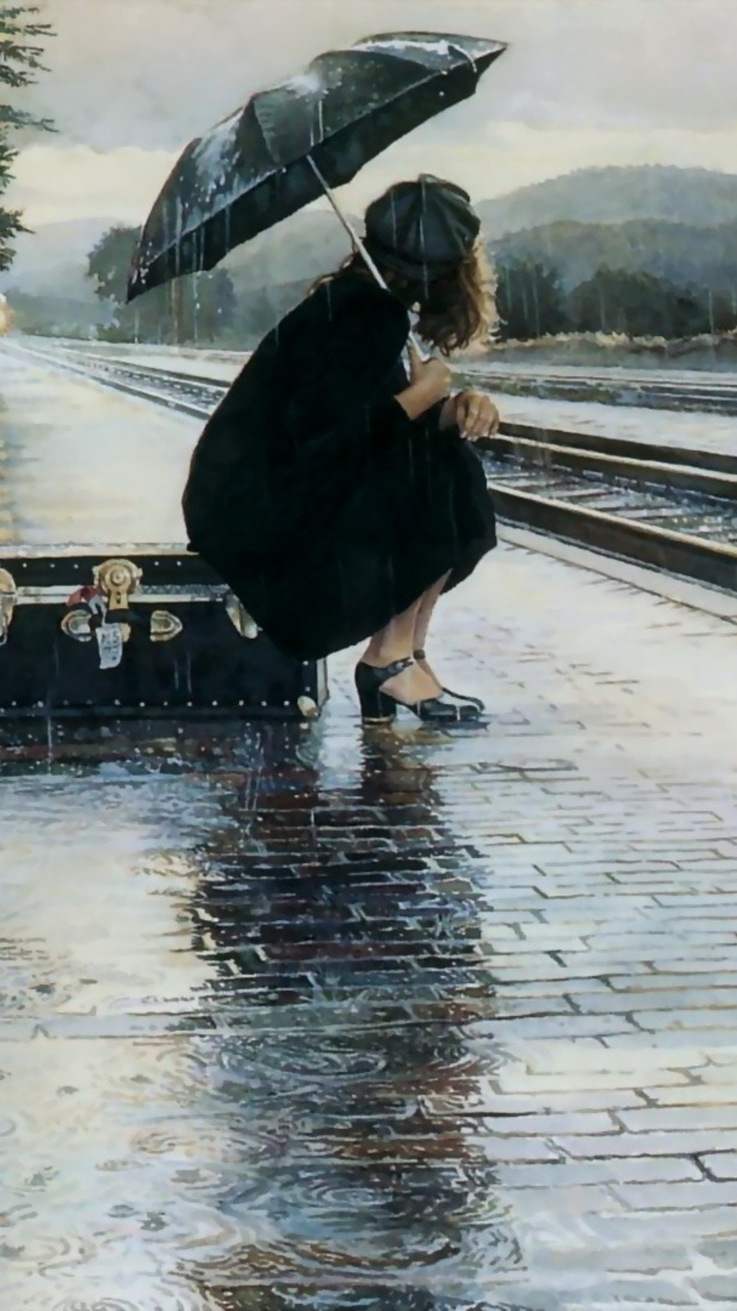 Painting, Art, Watercolor Paint, Train Station, Visual Arts. Wallpaper in 1440x2560 Resolution