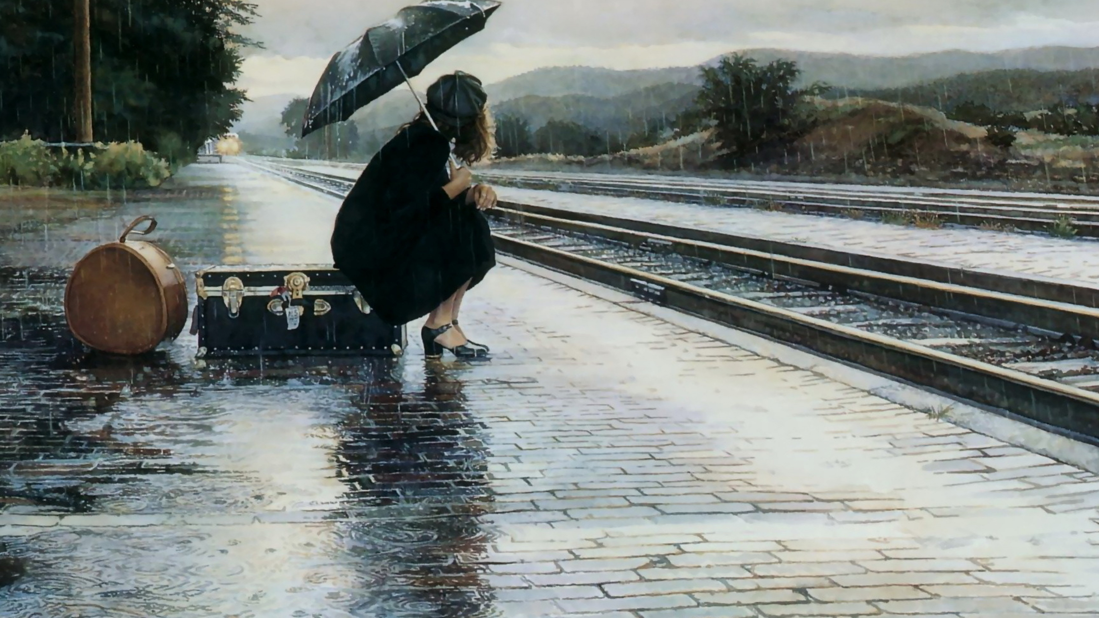 Painting, Art, Watercolor Paint, Train Station, Visual Arts. Wallpaper in 3840x2160 Resolution