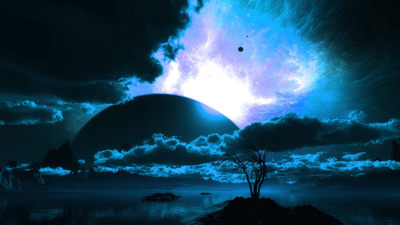 Silhouette D'arbre et de Lune. Wallpaper in 1366x768 Resolution