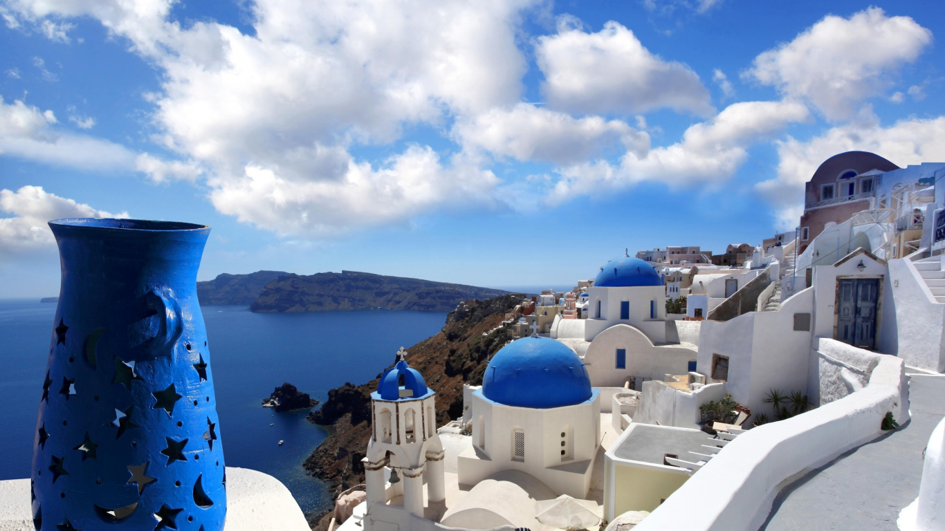 st Torini, Santorini, Mykonos, Vacation, Cloud. Wallpaper in 1366x768 Resolution