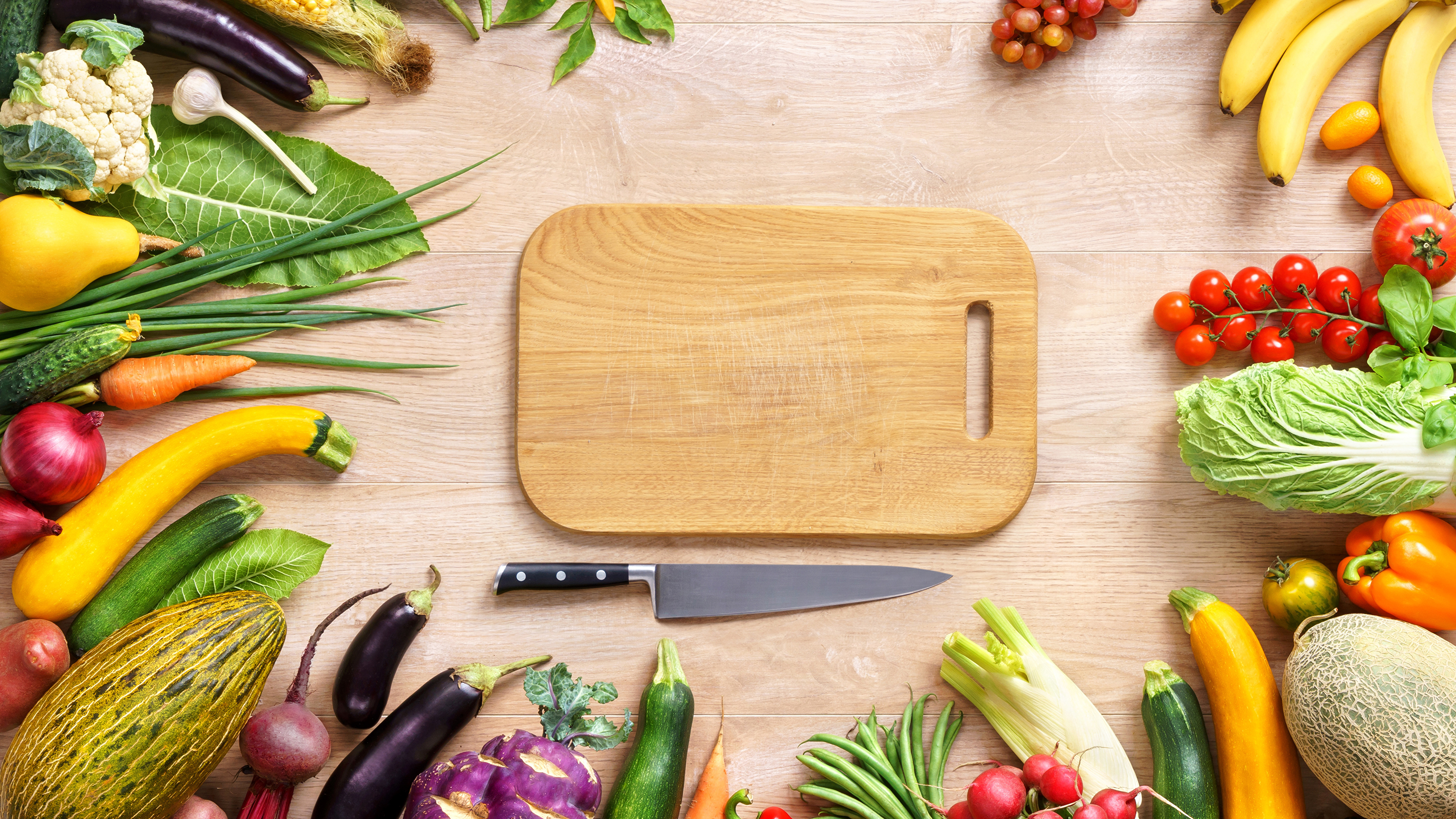 Brown Wooden Chopping Board Beside Green and Purple Vegetables. Wallpaper in 3840x2160 Resolution