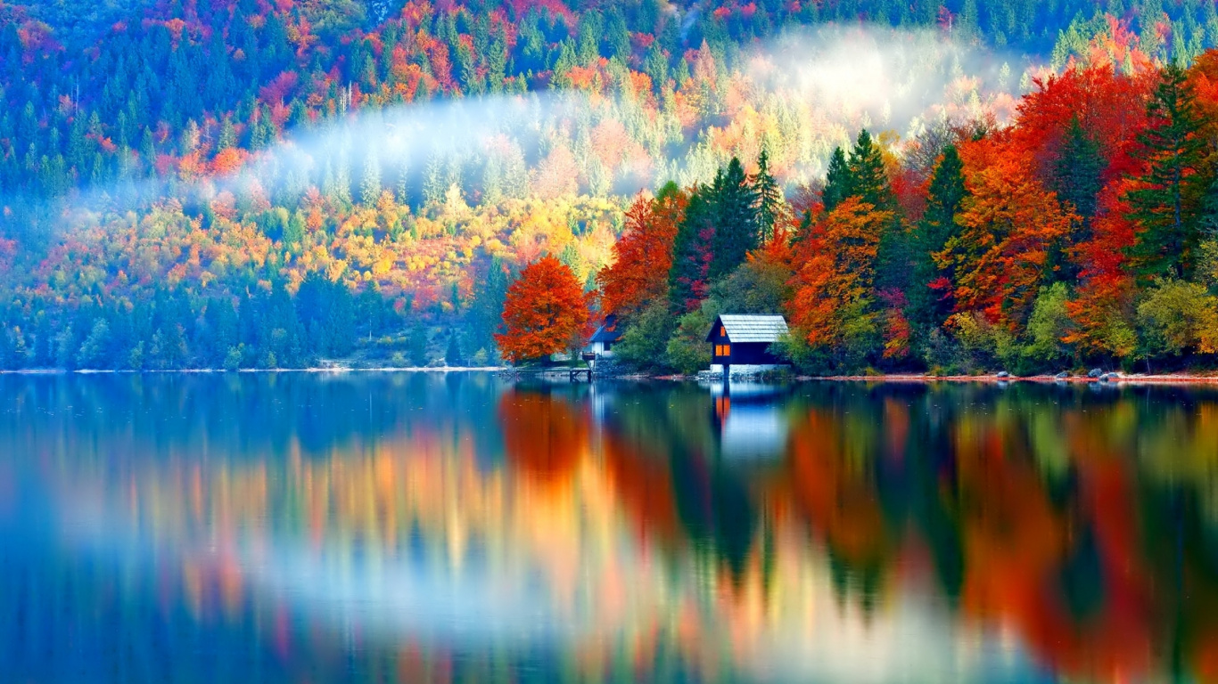 Maison en Bois Brune Sur le Lac Pendant la Journée. Wallpaper in 1366x768 Resolution