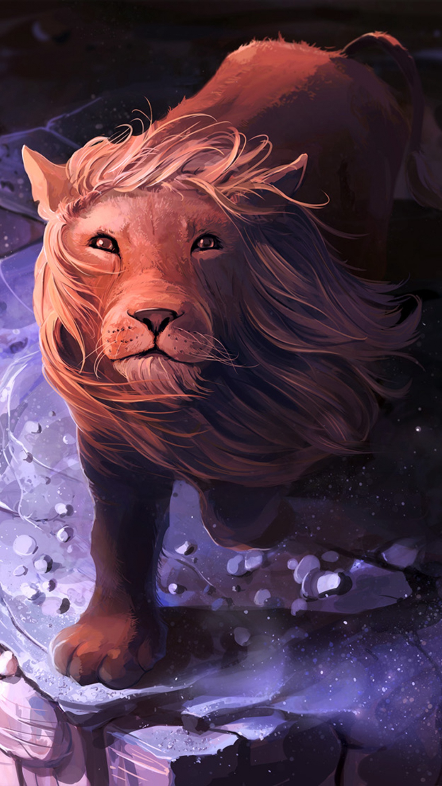 Lion and Woman in Blue Dress Painting. Wallpaper in 1440x2560 Resolution