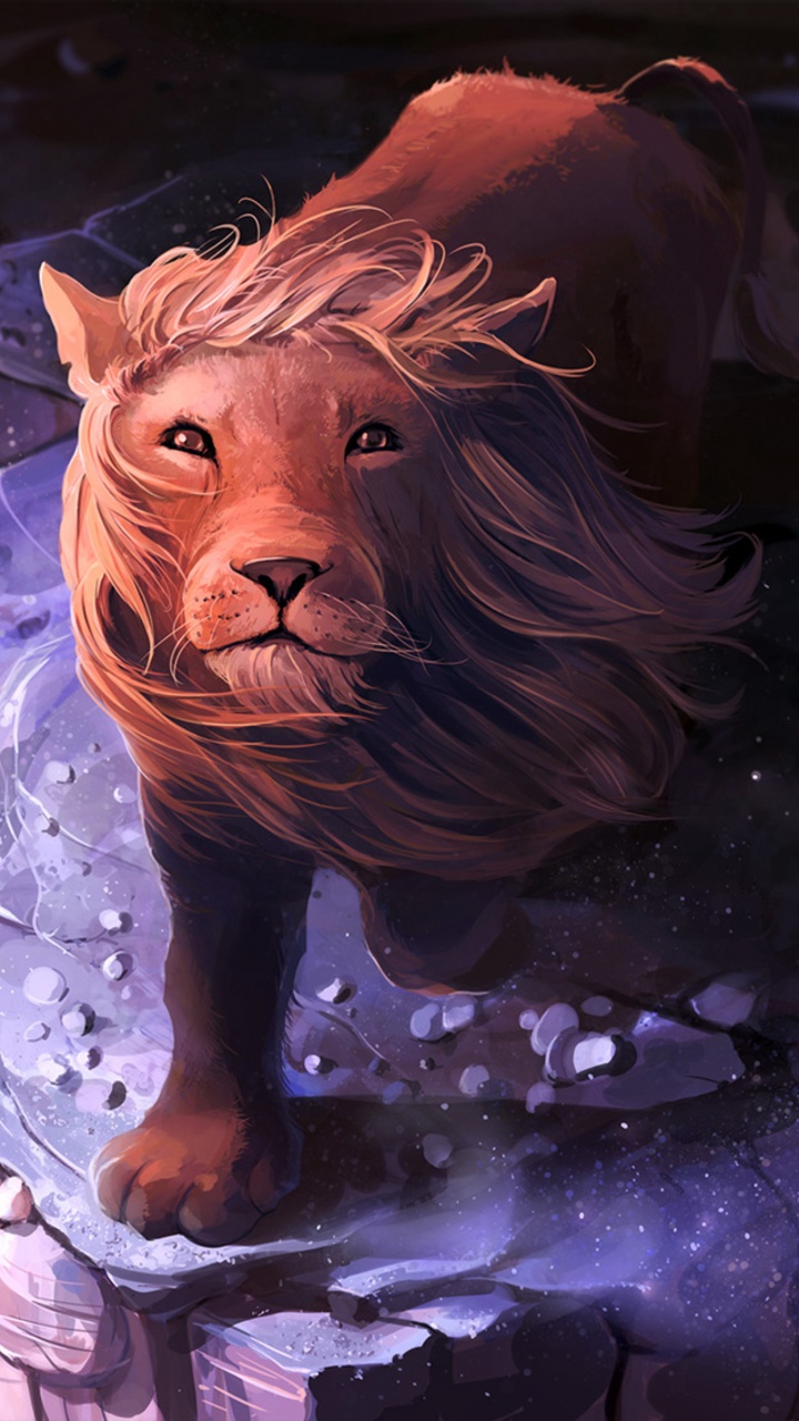 Lion and Woman in Blue Dress Painting. Wallpaper in 720x1280 Resolution