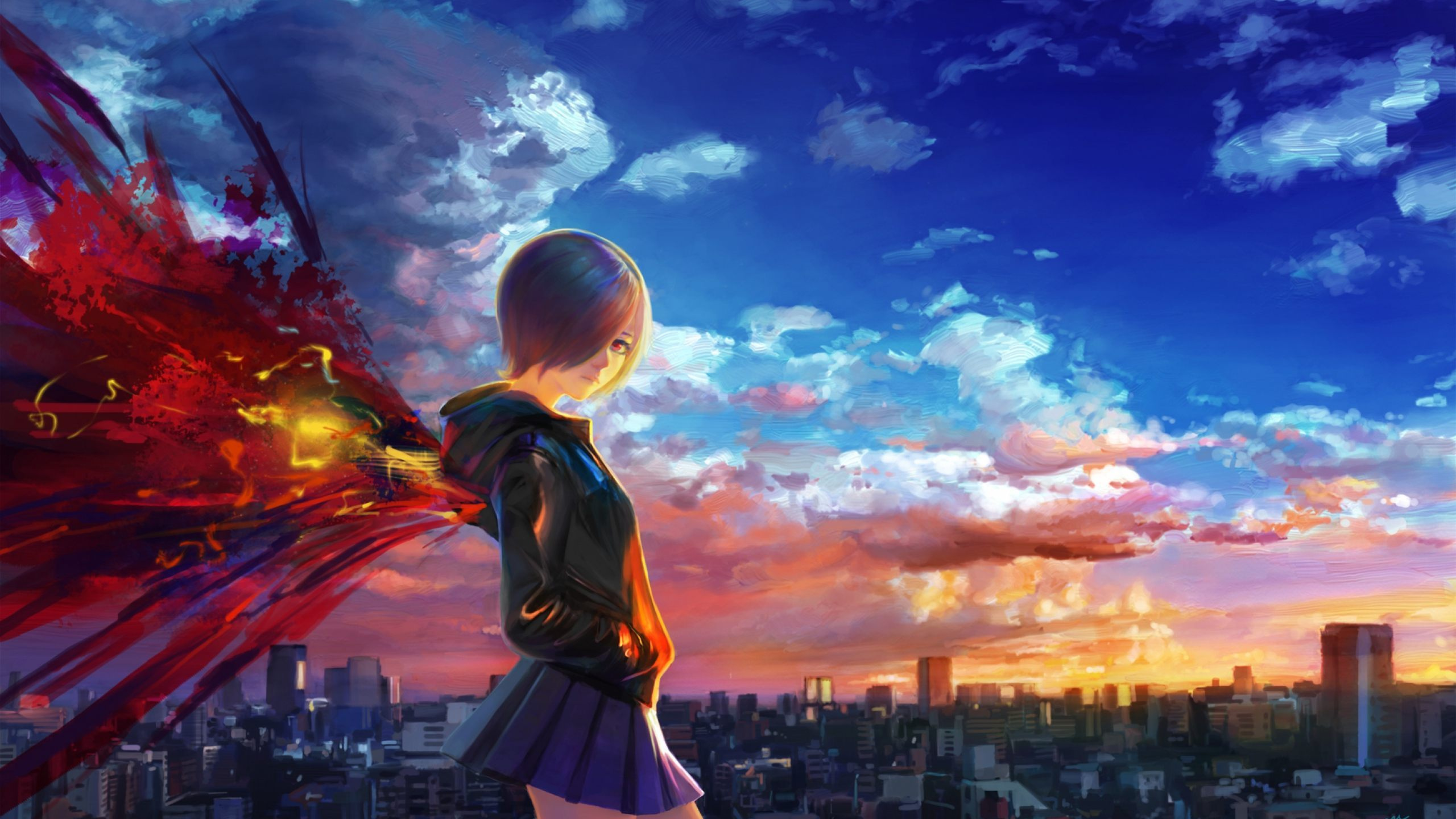 Femme en Blouson de Cuir Noir et Jupe Blanche Debout au Sommet du Bâtiment Pendant le Coucher du Soleil. Wallpaper in 2560x1440 Resolution