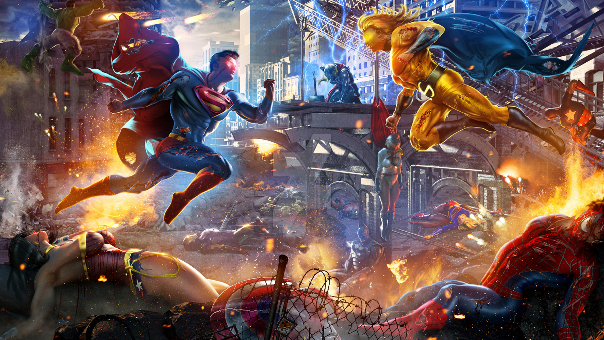 Red Haired Woman in Red Dress Holding a Baby Illustration. Wallpaper in 2560x1440 Resolution