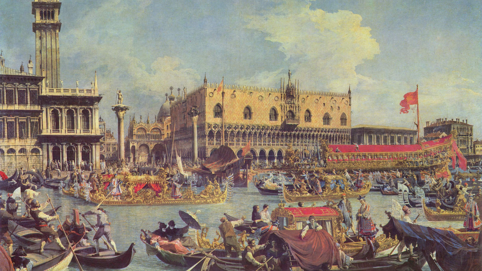 People Riding on Boat Near Building Painting. Wallpaper in 1920x1080 Resolution