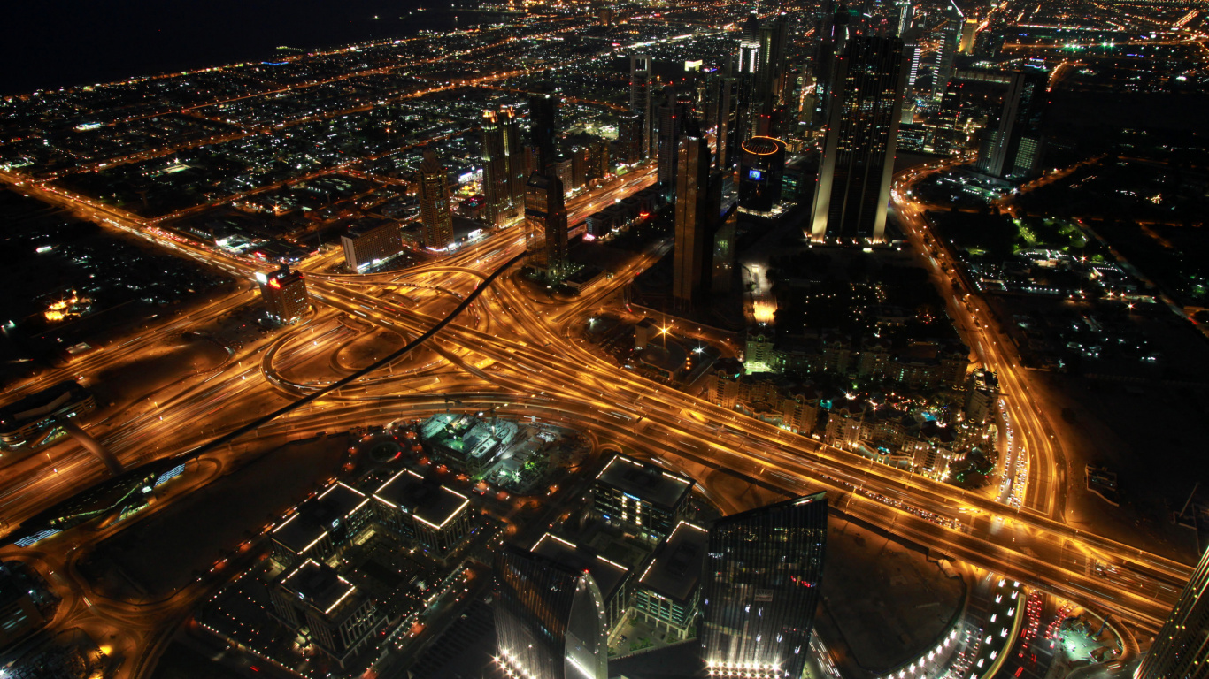 Luftaufnahme Der Stadt Bei Nacht Night. Wallpaper in 1366x768 Resolution