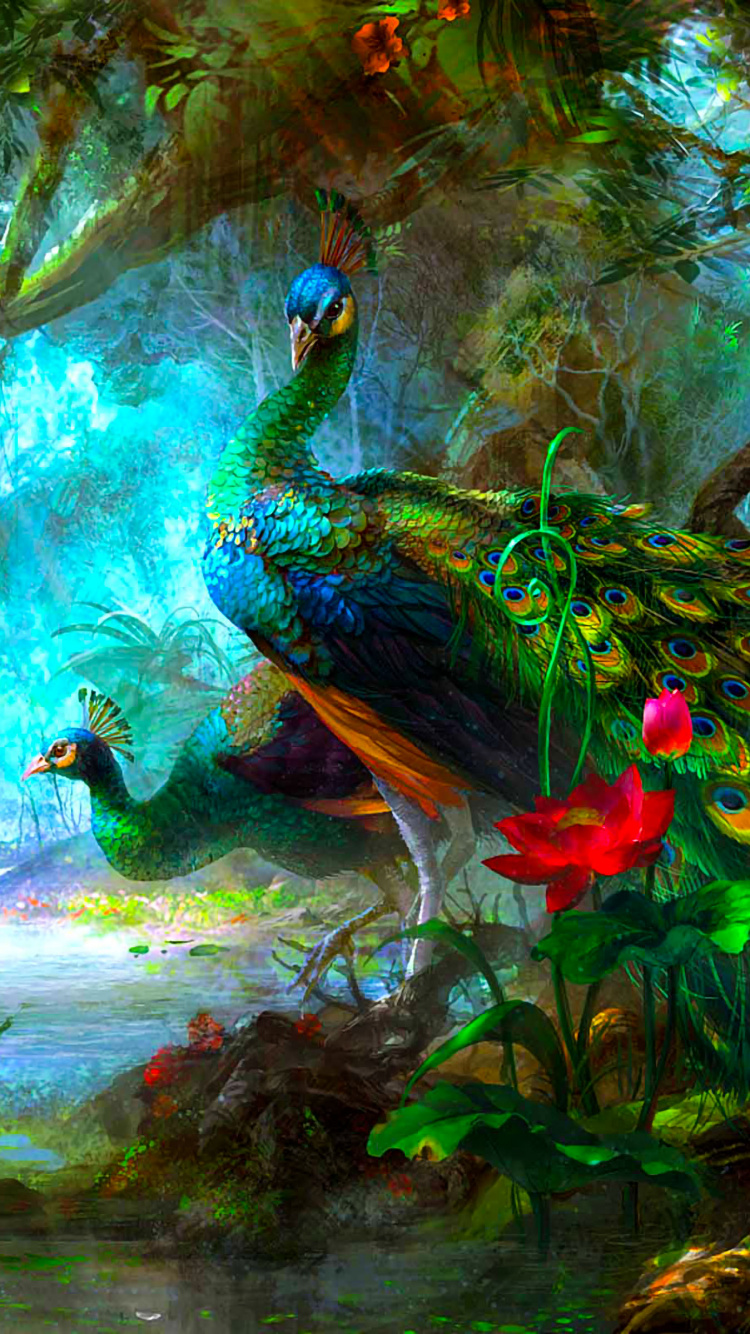 Pintura de Pavo Real Azul Verde y Rojo. Wallpaper in 750x1334 Resolution