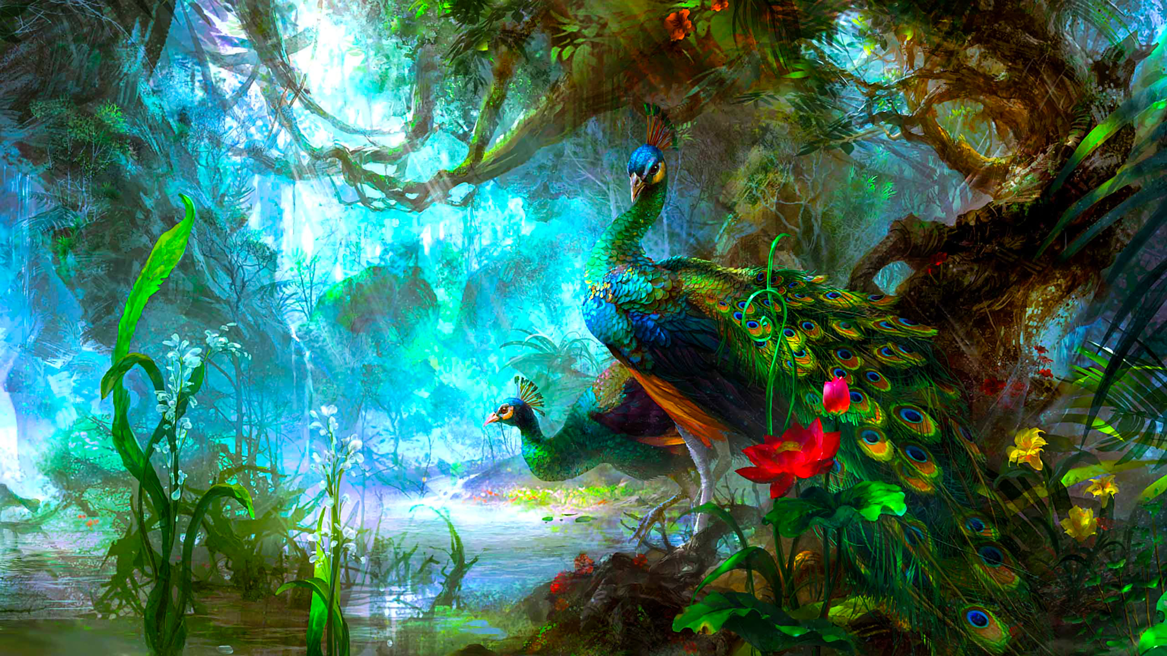 Blue Green and Red Peacock Painting. Wallpaper in 3840x2160 Resolution