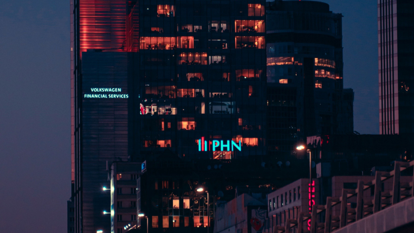 Wolkenkratzer, Nacht, Gebäude, Licht, Infrastruktur. Wallpaper in 1366x768 Resolution