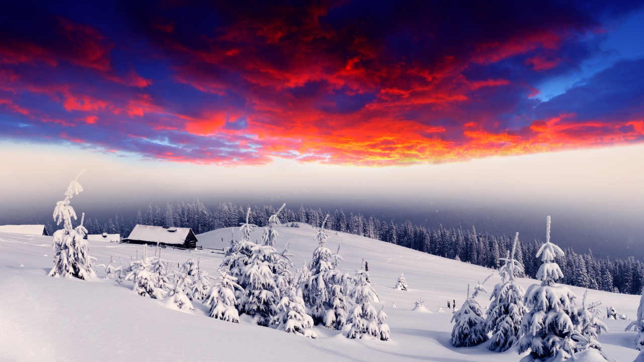 Snow Covered Field During Sunset. Wallpaper in 1280x720 Resolution