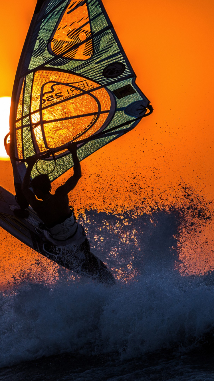 Windsurf, Agua, Surf, Naranja, Puesta. Wallpaper in 750x1334 Resolution