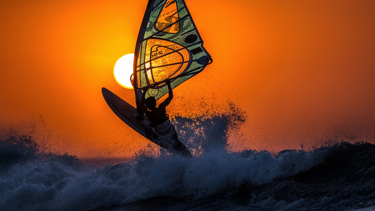 Windsurf, Eau, Surf, Orange, Motomarine. Wallpaper in 1280x720 Resolution