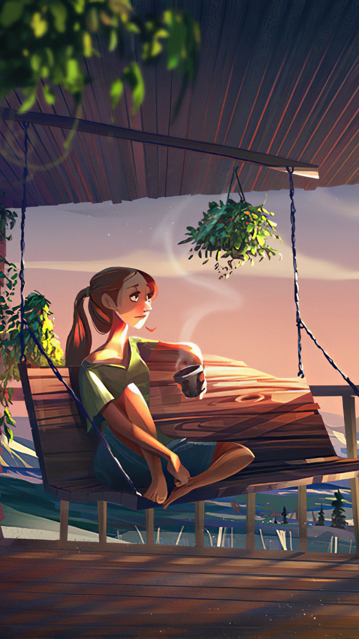 Fille Buvant du Café, Artiste, L'art Numérique, Art, Concept Art. Wallpaper in 720x1280 Resolution