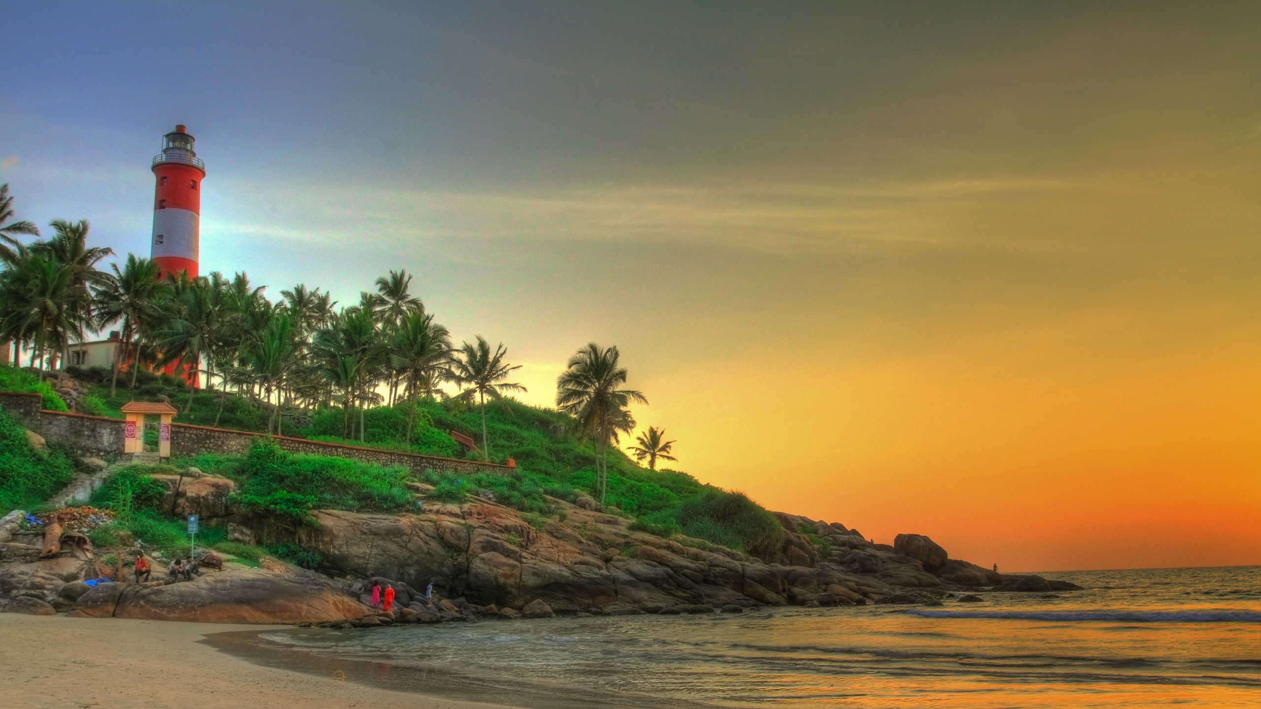 Palmeras de Coco Verde en la Playa Durante la Puesta de Sol. Wallpaper in 2560x1440 Resolution