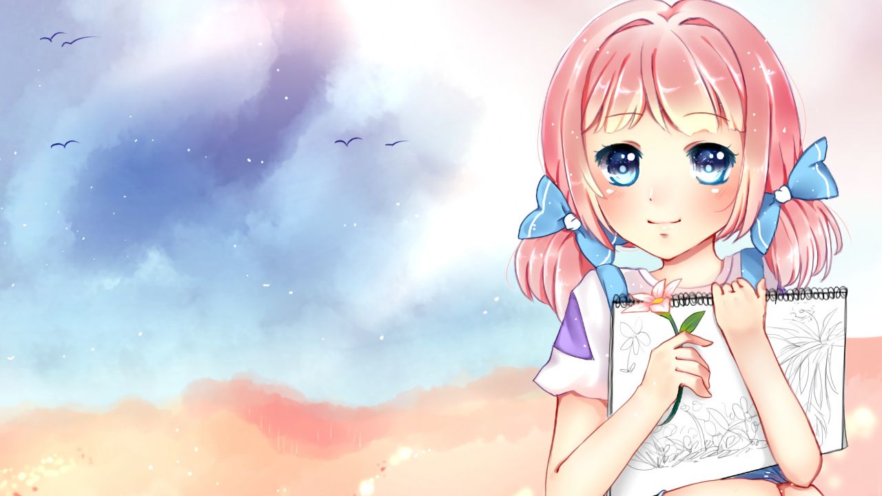 Girl in Blue and White Polka Dot Dress Anime Character. Wallpaper in 1280x720 Resolution
