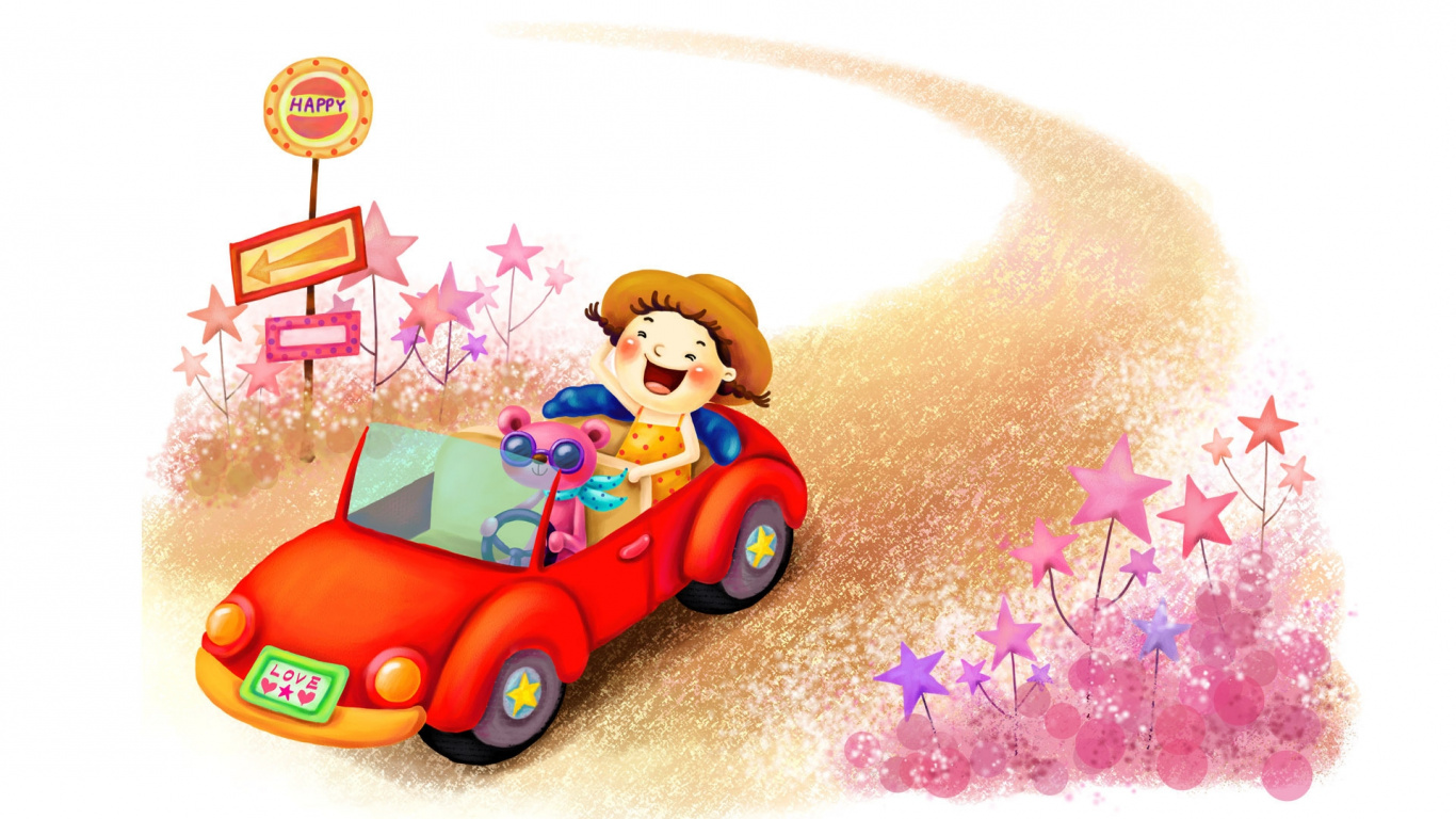 Micky Maus Reitet Rotes Auto Cartoon. Wallpaper in 1366x768 Resolution