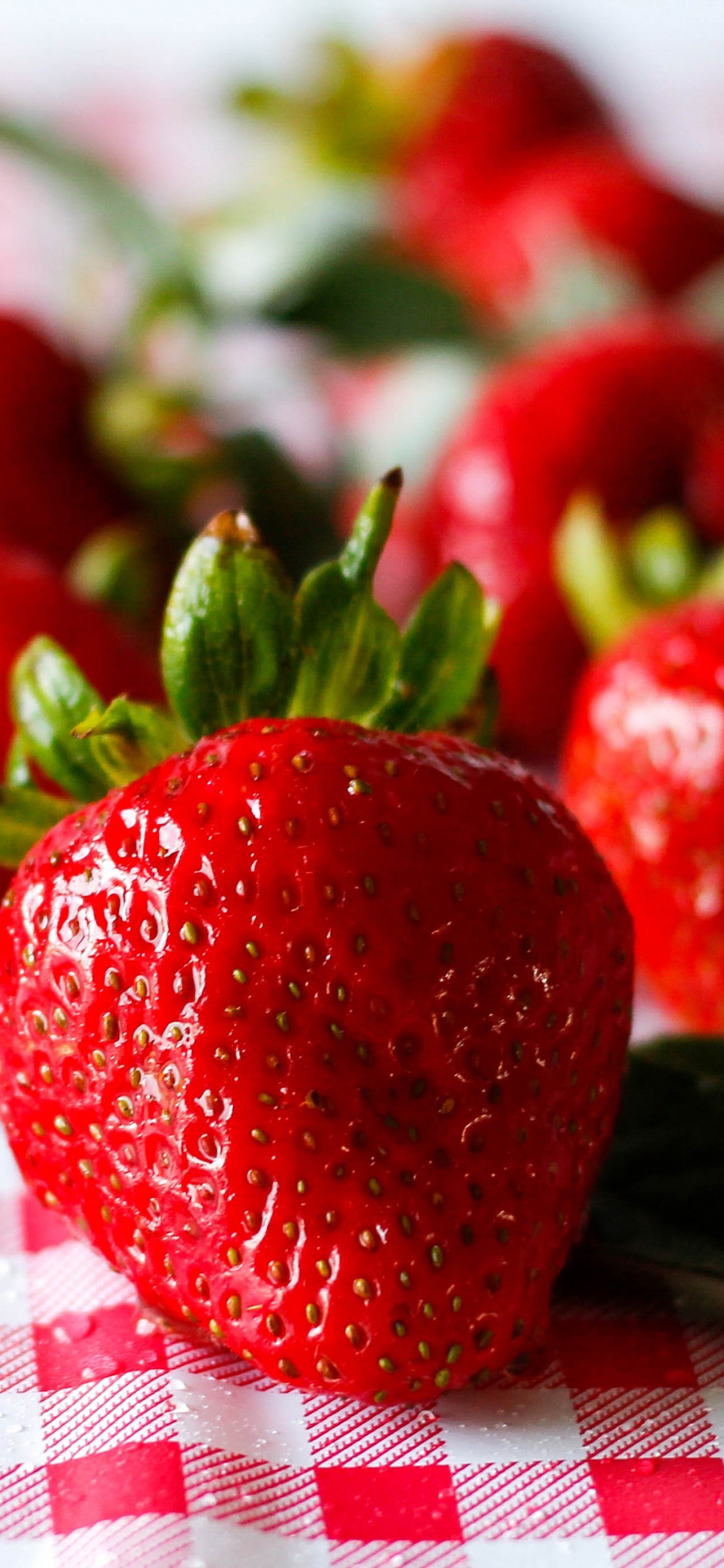 Rote Erdbeeren Auf Weiß-rot Kariertem Textil. Wallpaper in 1125x2436 Resolution