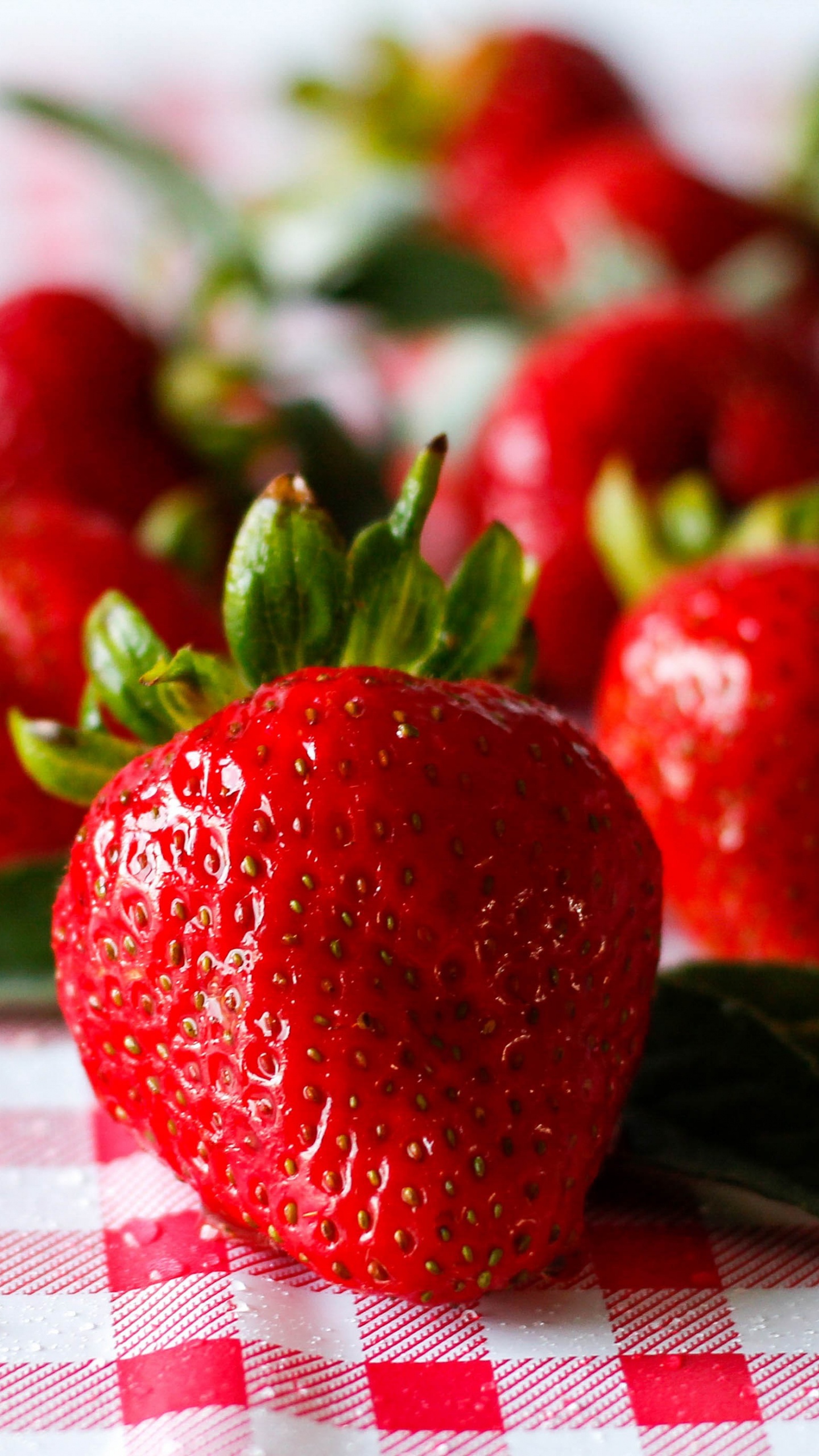 Rote Erdbeeren Auf Weiß-rot Kariertem Textil. Wallpaper in 1440x2560 Resolution