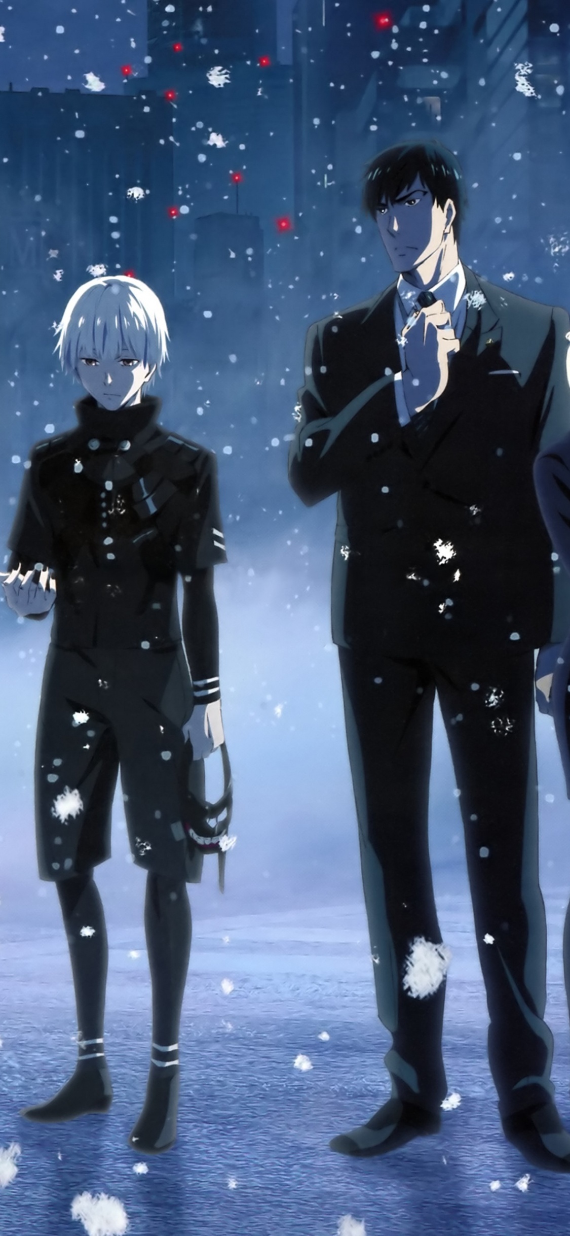 3 Männer im Schwarzen Anzug Stehen Auf Schneebedecktem Boden. Wallpaper in 1125x2436 Resolution