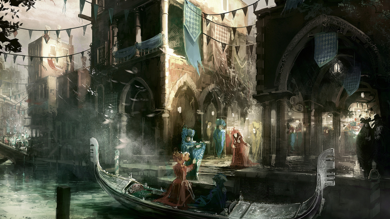 People Riding on Boat on River Between Buildings During Daytime. Wallpaper in 1366x768 Resolution