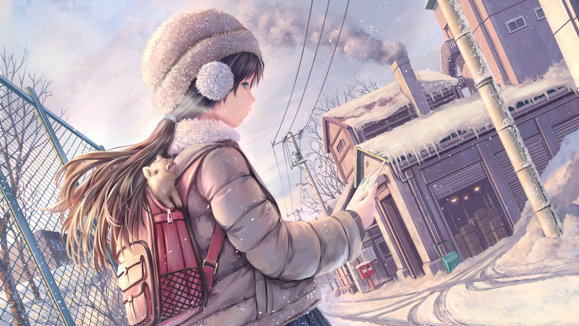 Mujer en Chaqueta Negra y Gorro de Punto Marrón de Pie Sobre un Piso de Hormigón Gris. Wallpaper in 1920x1080 Resolution