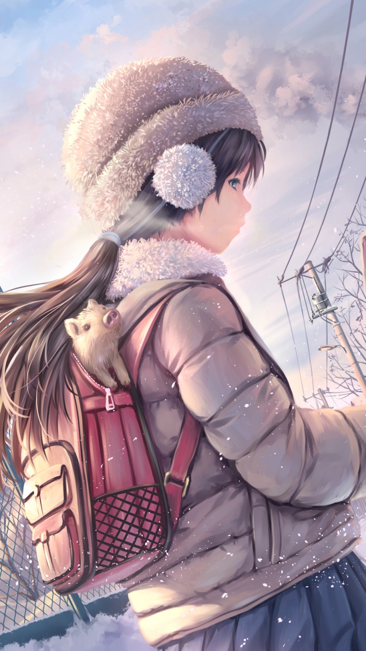 Femme en Veste Noire et Bonnet en Tricot Marron Debout Sur un Sol en Béton Gris. Wallpaper in 720x1280 Resolution